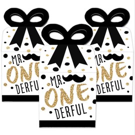 Big Dot of Happiness 1st Birthday Little Mr. Onederful - Square Favor Gift Boxes - Boy First Birthday Party Bow Boxes - Set of 12