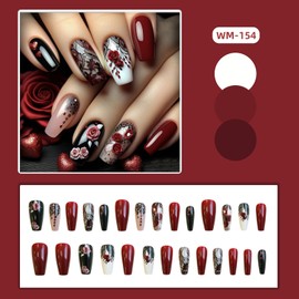 24Pcs Red Rose Press on Nails, Acrylic Full Cover Coffin Nails – Black Lace & Heart Design, Medium Ballet Shape