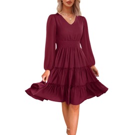 Zattcas Women 2025 Long Sleeve Fall Dresses V Neck Smocked Wasit Casual Flowy A Line Tiered Modest Teacher Work Midi Dress Wine Red L