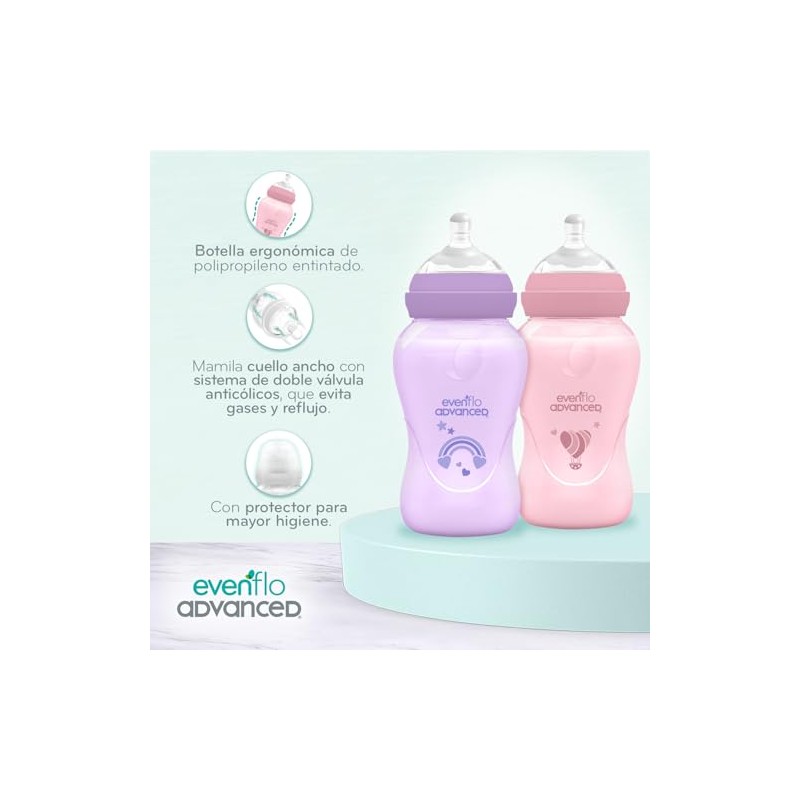 Evenflo Advanced Biberones Anticólicos Cuello Ancho, Rosa y Lila, Flujo