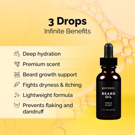 Golden Grooming Beard Oil for Men | Hydrating & Conditioning with Castor Oil, Jojoba Oil, and Olive Oil | Fresh Scent | 1oz