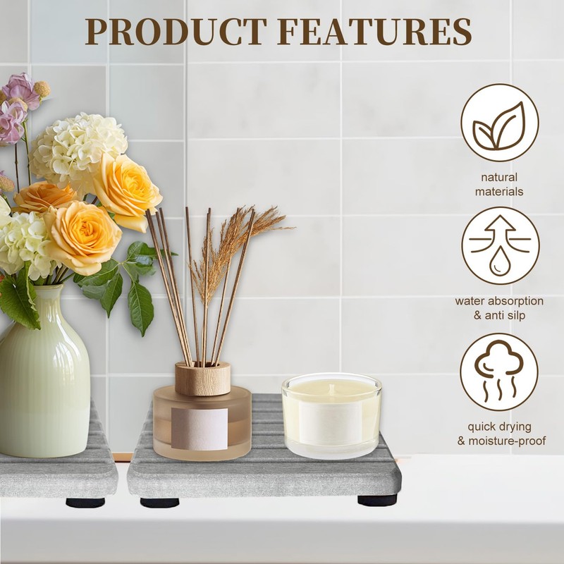 4PCS Gray Diatomite Tray Set, Water Absorbing Stone Coasters for