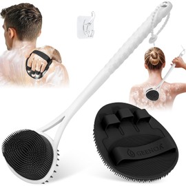 Cepillo De Espalda Para Ducha De Silicona De 1535'' Con Cabezal De Cepillo De Doble Cara Mango Largo Cerdas Suaves Que Hacen Espuma Y Cerdas Gruesas Para Fregar