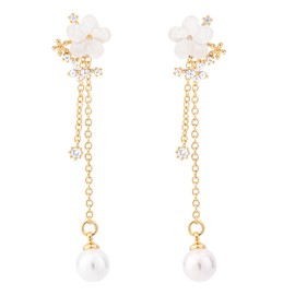 Gold Pearl Flower Dangle Earrings for Women, Long Chain Flower Wedding Jewelry with CZ for Brides & Bridesmaids