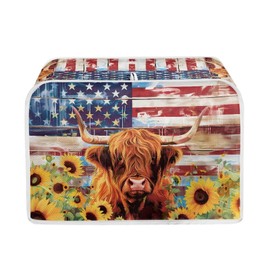 Baxinh American Flag Toaster Cover 2 Slice Wide Slot, Highland Cow Sunflower Print Bread Maker Cover Toaster Covers, Washable Stain Resistant Small Appliance Cover, Yellow