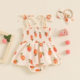 Infant Baby Girls Romper Dress Fruit/Flower Pattern Short Sleeve Ruched Jumpsuit Onesie Clothes Hem Headband (Peach Beige, 12-18 Months)
