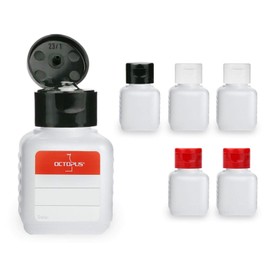6 x 50 ml plastic bottles with 2 each of Black, Red, White, plastic bottles with CAP closure, Klappspritzverschluss Bottles Made from HDPE with Hinged with Octopus ® Beschriftungsetiketten 6