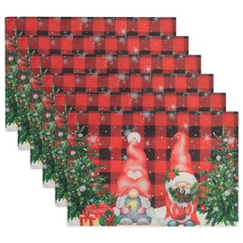 Christmas Placemats Set of 6, Xmas Table Place Mats, 30x45cm Winter Holiday Placemat, Linen Heat Resistant Tablemats for Home Party Kitchen Dining Decor (Red Buffalo Plaid Gnome)