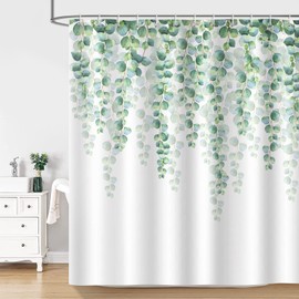 Bonhause Shower Curtain Eucalyptus Green Leaves Plant Shower Curtains 180 x 180 cm Anti-Mould Waterproof Polyester Fabric Washable Bathroom Curtain for Bathroom with 12 Hooks