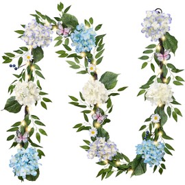 Valery Madelyn 9FT Spring Hydrangeas Garland with Lights for Mantle, Blue White Summer Floral Daisy Garland with Eucalyptus Leaves Butterfly for Home Table Centrepiece Stairs Wedding Party Decorations