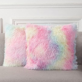 DJDEA Cushion Covers, Set of 2, Cuddly Fluffy Cushion, 50 x 50 cm, Cover, Artificial Fur, Decorative Decorative Cushion, Fluffy Cushion Cover for Sofa, 50 x 50 cm (Rainbow, 50 x 50 cm)