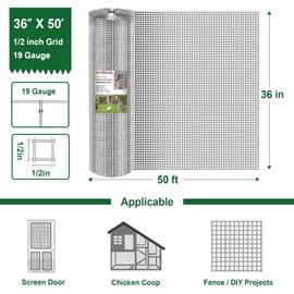 HOPERAN Hardware Cloth 1/2 inch 36 x 50 Ft Mesh 19 Gauge Chicken Wire Mesh- Hot Dip Galvanized Chicken Wire Fencing - Wire Fence Mesh Roll for Garden Fencing Chicken Coop & Pet Enclosures