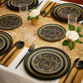 SILVER SPOONS Black and Gold Plastic Dinner Plates for Party (10 PC) Heavy Duty Disposable Dinner Set 10.25", Fine China Look Dishes for Holidays, Celebrations & Events - Black - Versi Collection