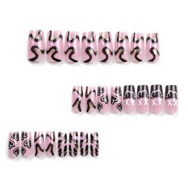Black Heart Press on Nails Long Square Fake Nails with Gold Glitter Design French tips Glue on Nails Leopard Stick on Nails Reusable Glossy Valentines Day False Nails for Women Girls Manicure 24pcs