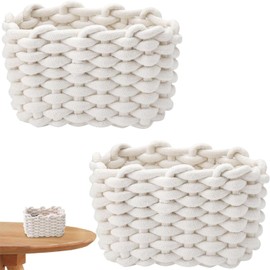 2 Pack Small Woven Baskets, Natural Cotton Rope Woven Baskets for Organizing, Cat Dog Toy Baskets, Bathroom Organization Bin for Make-Up, Toy, Socks, Storage Basket (Off White)