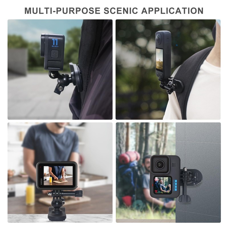 FiTSTILL Backpack Clip for Action Cameras, 360° Adjustable Ball Head,