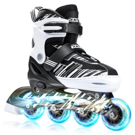 ECOO Adjustable Inline Skates Boys and Girls with Light up Wheels，Roller Skates for Kids Ages 4-12, Teen Skates for Beginner Outdoor and Indoor (White, XLarge-Youth & Adult（6-9 US）)