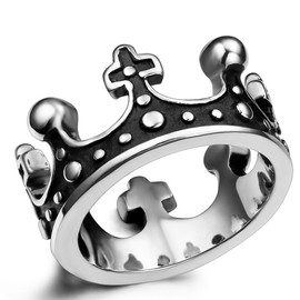 Flongo Women's Ring Men's Ring Women Men Rings Band Ring Signet Ring Stainless Steel Ring Silver Black Royal King Crown Crucifix Cross Retro, Stainless Steel, No Gemstone