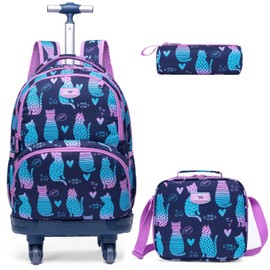 Egchescebo Kids Rolling Backpack for Girls Mermaids Suitcases Trolley Roller Luggage Backpacks with 360° Rotating Wheels 15" Laptop Lunch Box Pencil Case for Elementary 18" Travel School Bag Purple