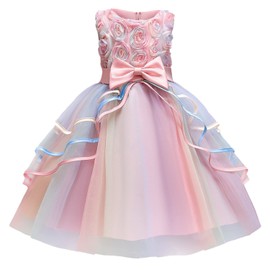 NNJXD Girl Dress Kids Ruffles Lace Party Wedding Dresses Size (140) 6-7 Years Flower 736 Pink