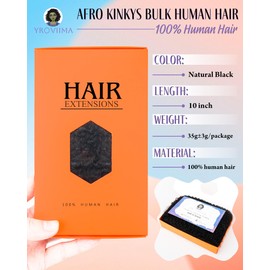 Afro Kinkys Bulk Human Hair-Curly Human Braiding Hair Bulk for Twist,Loc Extensions,10 Inches Natural Black,100% Soft Human Hair Bulk