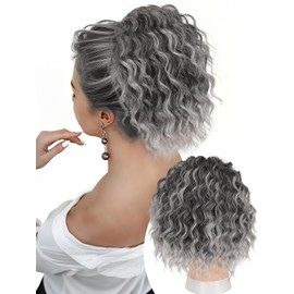 Isaic Ponytail Extension 8 Inch Wavy Curly Ponytails Drawstring Ponytail for Black Women Ombre Gray Pony Tails Hair Extensions Natural Synthetic Hairpiece for Daily Use