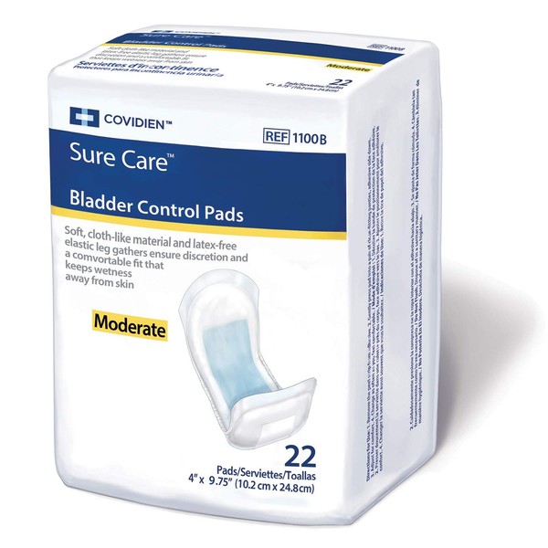 Covidien 1100B Sure Care Bladder Control Pads, Moderate Absorbency, 4" x 9-3/4" Size (Pack of 22)