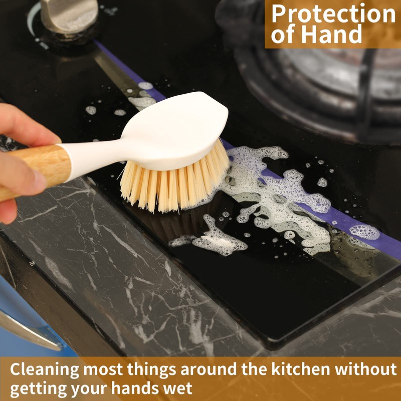 2 Pack Kitchen Dish Brush Bamboo Handle Dish Scrubber Built-in