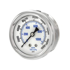 2 Pack of Liquid Filled Center Back Mount Pressure Gauge with 2.5" Dial, 0-15000 PSI, 1/4" Male NPT Connection, Stainless Steel CASE and Bezel (2)