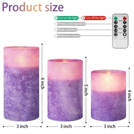 COVEGE Purple Flameless Candles with Remote and Timer, Real Wax Battery Operated Candles for Home Decor, Set of 3 Flickering Glass LED Pillar Candles for Christmas Halloween Decoration