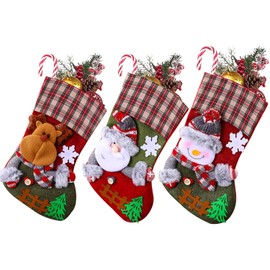 AUTOWT Christmas Stockings 3PCS, 12” Vintage Buffalo Plaid Hanging Stockings with Santa Claus Snowman Reindeer, 3D Xmas Ornament Socks for Family Kids Gift Bags Holiday Party Fireplace Decoration