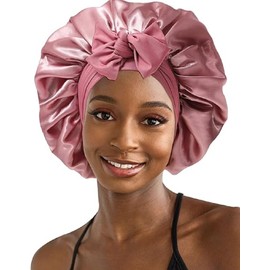 Satin Silk Bonnet for Sleeping Women - Hair Cap for Curly Hair, Reversible Double Layer With Tie Band (Deep Bean Paste, One Size)