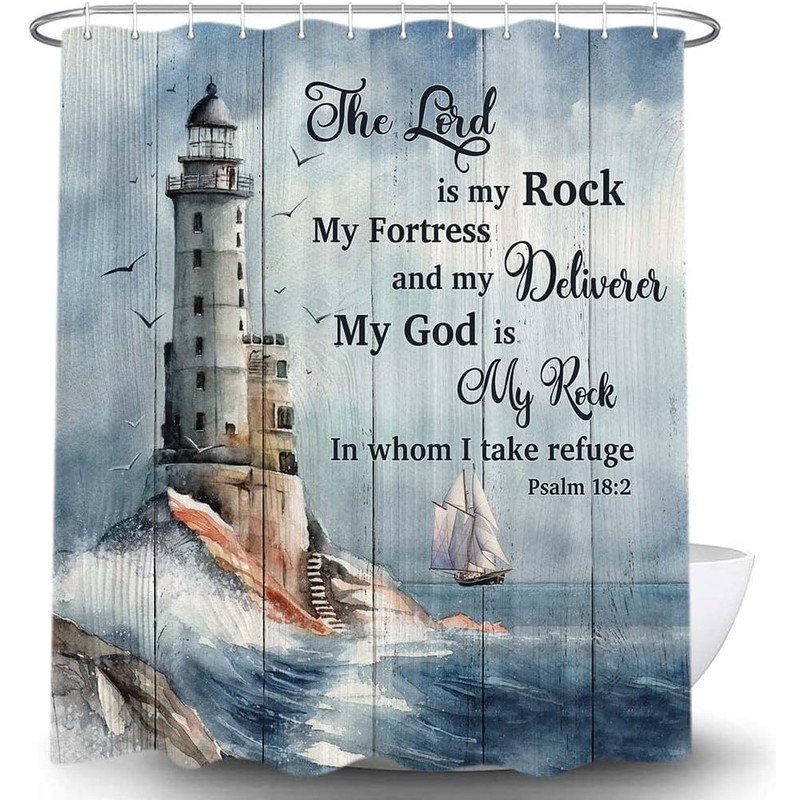Bzhilja Ocean Lighthouse Shower Curtain, Coastal Nautical Sunrise Beach Seascape