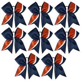 8 PCS Large Glitter Cheer Bows 8" Hair Bows Sparkly Cheerleading Softball Team Bow Hair Ponytail Holder Accessories for cheerleaders football Competition Sports- Navy Blue Red White