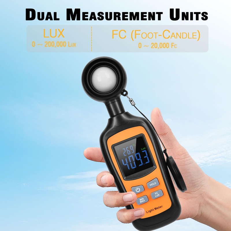 Digital Light Meter,V·Resourcing Handheld Illuminance Meter with Ambient Temperature Measurer,Range
