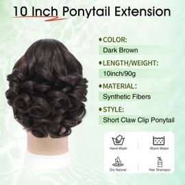 Wirctp Ponytail Extension,10" Claw Clip in Ponytail Extensions Short Curly Ponytail Hairpiece for Women Fluffy Natural Synthetic Pony Tails for Daily Use(Dark Brown)