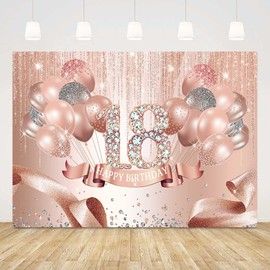 Sensfun Rose Gold Happy 18th Birthday Backdrop Decorations for Girls Pink Shining Balloons Diamond 18 Years Old Bday Party Photography Background Sweet 18th Birthday Photoshoot Banner 7x5ft