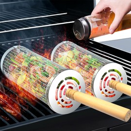 2PCS Rolling Grill Basket, Removable Wooden Handle, 304 Stainless Steel BBQ Accessories for Vegetables & Shrimp, Nesting Grilling Net for Outdoor Cooking & Camping, Perfect Gift for Men Dad Husband