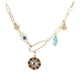 CVSQXPL Charm Necklace for Women Gold Evil Eye Sun Moon Flower Coin Pendant Necklace Dainty Paperclip Chain Vintage Luck Amulet Choker Necklaces Celestial Jewelry（paper clip）