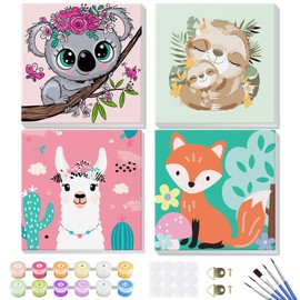 GHHKUD Paint by Numbers Kits for Children & Adults, 4 Pack Canvas Painting by Numbers Kit with Wooden Frame, Cartoon Kids Painting by Numbers, Acrylic Oil Kids Painting Sets for Children, 8x8inch