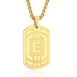 Fervia Basketball Initial Necklace for Men Dog Tag Stainless Steel Gold Letter Pendant Sport Basketball Athletes Jewelry Gifts Easter Graduation Gifts for Men Boys kids Boyfriend(E)