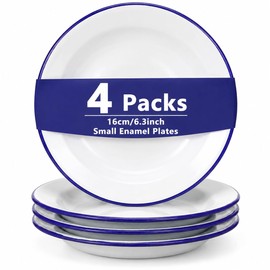 UKCOCO 4 Pcs Small Enamel Plates, 6.3 Inch/16cm Retro White with Blue Rim Lightweight Side Dishes for Snack Dessert Picnic Camping RV