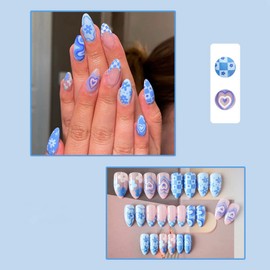 24 Pcs Blue False Nails - Colourful French Press on Nails - Fake Nails False Nails with Glue - Oval Stick on Nails for Women and Girl - Fake Nail for Nails Art with Heart Design