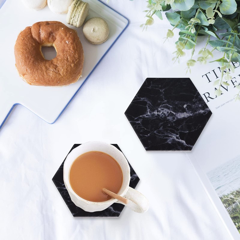 Black Coasters,Coaster for Drinks, Absorbent Marble Coasters with Metal holder