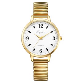 Oidea Women's Easy Reader Watch: Large Face Big Number Elastic Strap Wrist Watch Analog Quartz Bracelet Watch Casual Business Dress Ladies Wristwatch, White Dial Gold Band