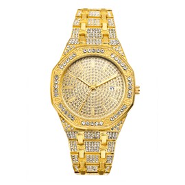 OIDEA Diamond Watches for Men: Luxury Rhinestones Octagonal Shaped Case Quartz Analog Wrist Watch Waterproof Date Business Casual Dress Watch Iced Out Bracelet Watch Gold