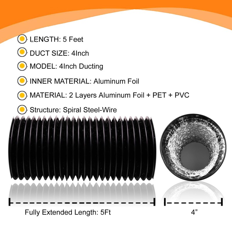 Dryer Vent Hose - 4 inch Flexible Duct, 5ft Long,