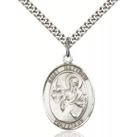 Bliss Sterling Silver Saint Matthew the Apostle Oval Medal Pendant Necklace 24" Chain