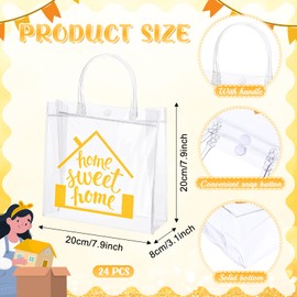 Liobelon 24 PCS Housewarming Clear Gift Bags with Handles - Home Sweet Home Waterproof Tote, PVC Transparent Goodie Bag for New House Party, Moving Gifts, 7.9x7.9x3.1 Inch
