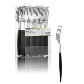 Restaurantware-Moderna 7.5 Inch Fancy Flatware, 50 Durable Plastic Flatware - With Black Handle For Grip, Heavy-duty, Silver Plastic Forks, Easily Disposable Or Restaurants